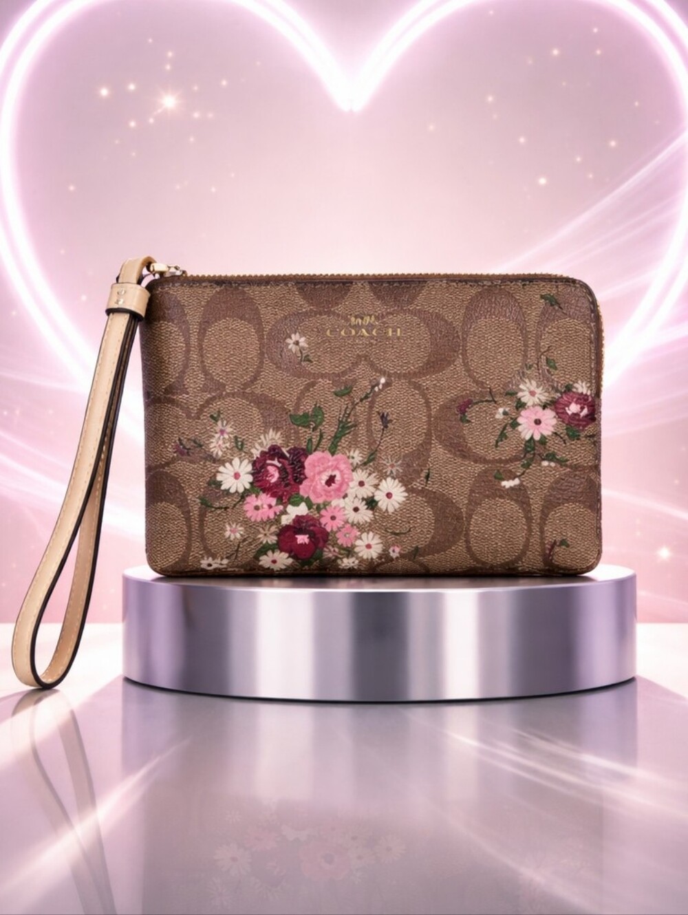 Coach Brown Signature Canvas Floral Wristlet with Cream Strap